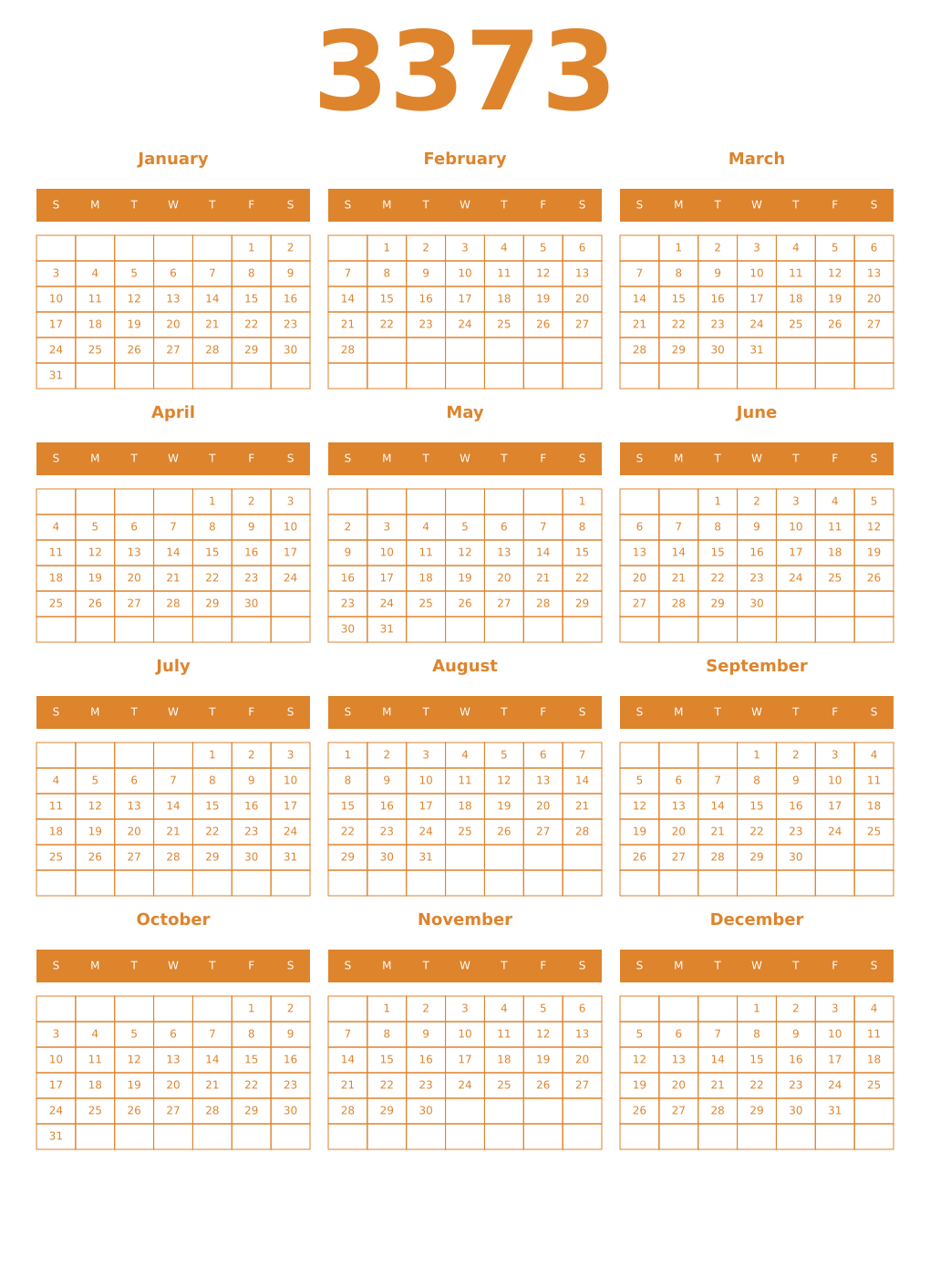 Printable 3373 Year Calendars orange