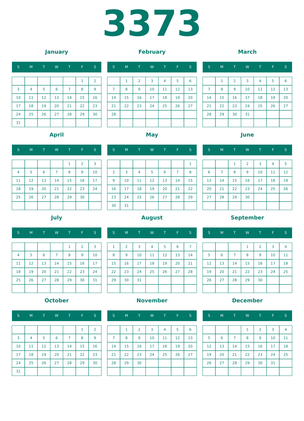 Printable 3373 Year Calendars pastel