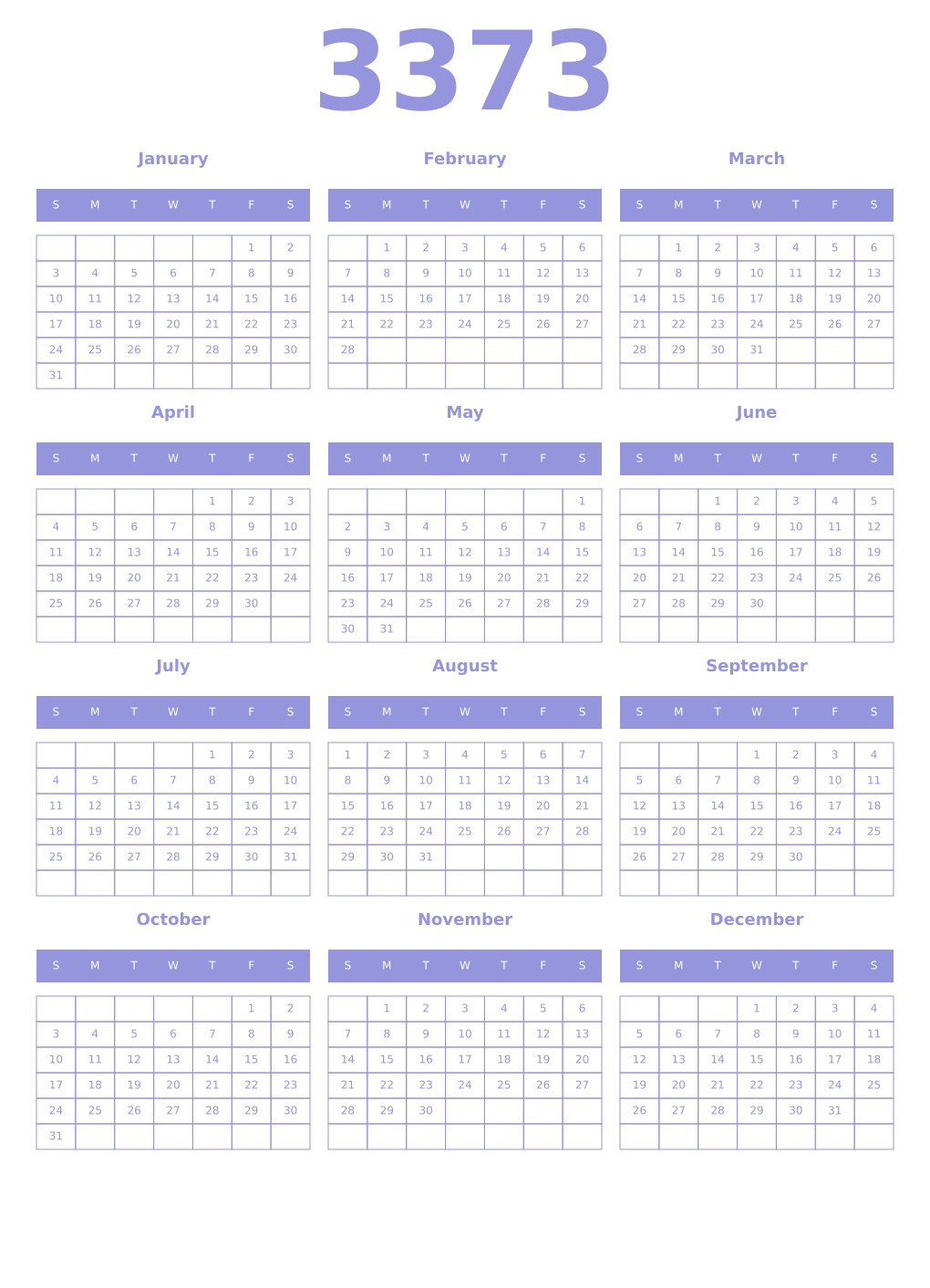 Printable 3373 Year Calendars periwinkle
