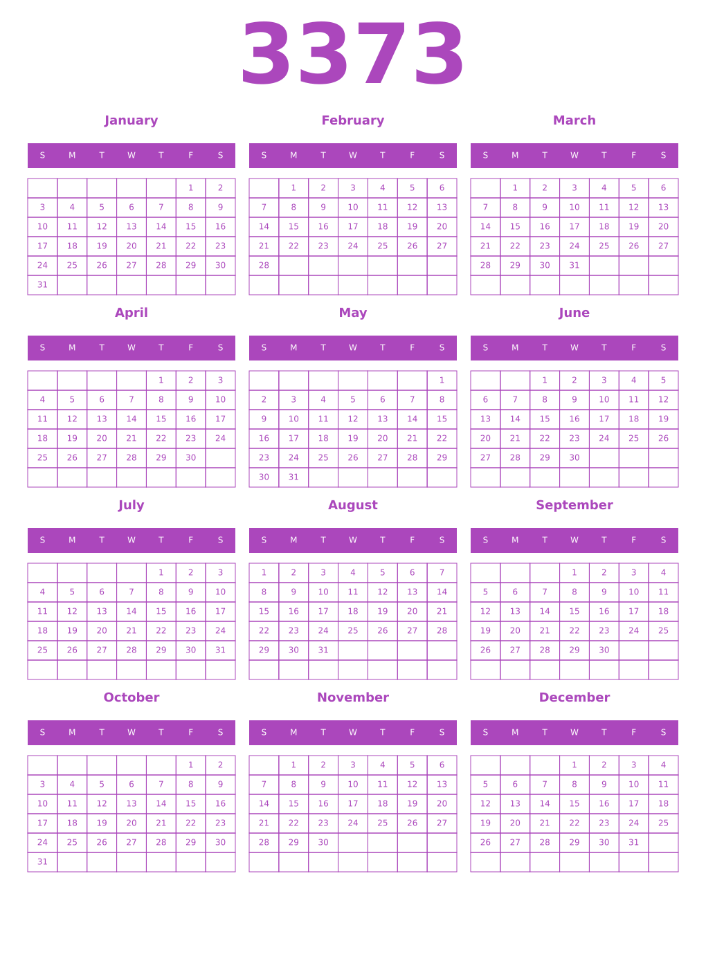 Printable 3373 Year Calendars purple