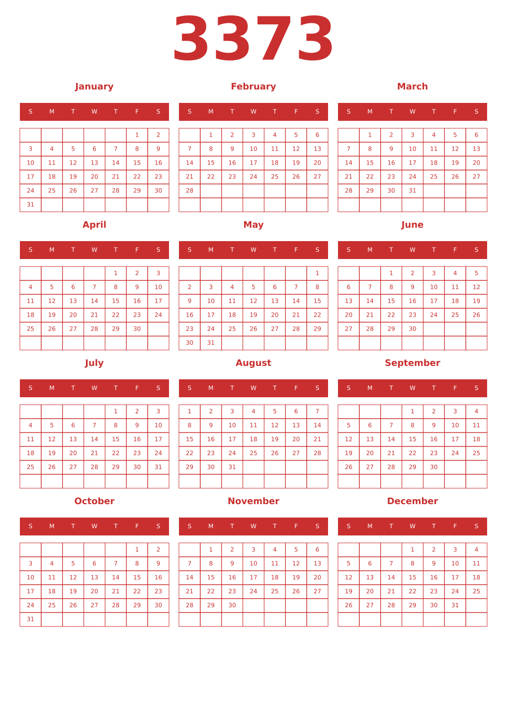 Printable 3373 Year Calendars red