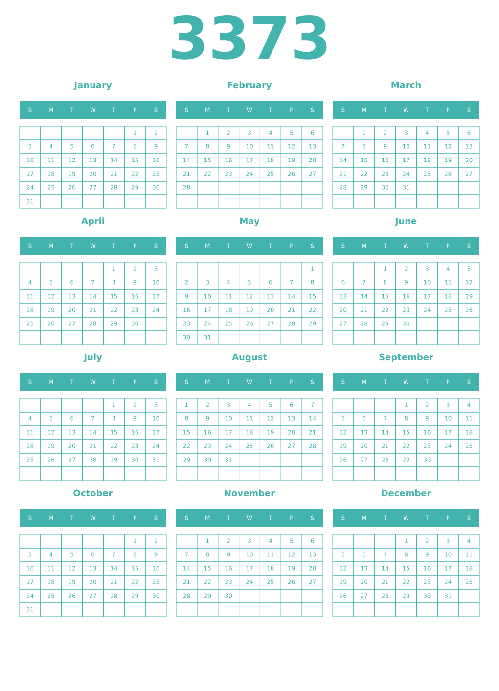 Printable 3373 Year Calendars verdigris