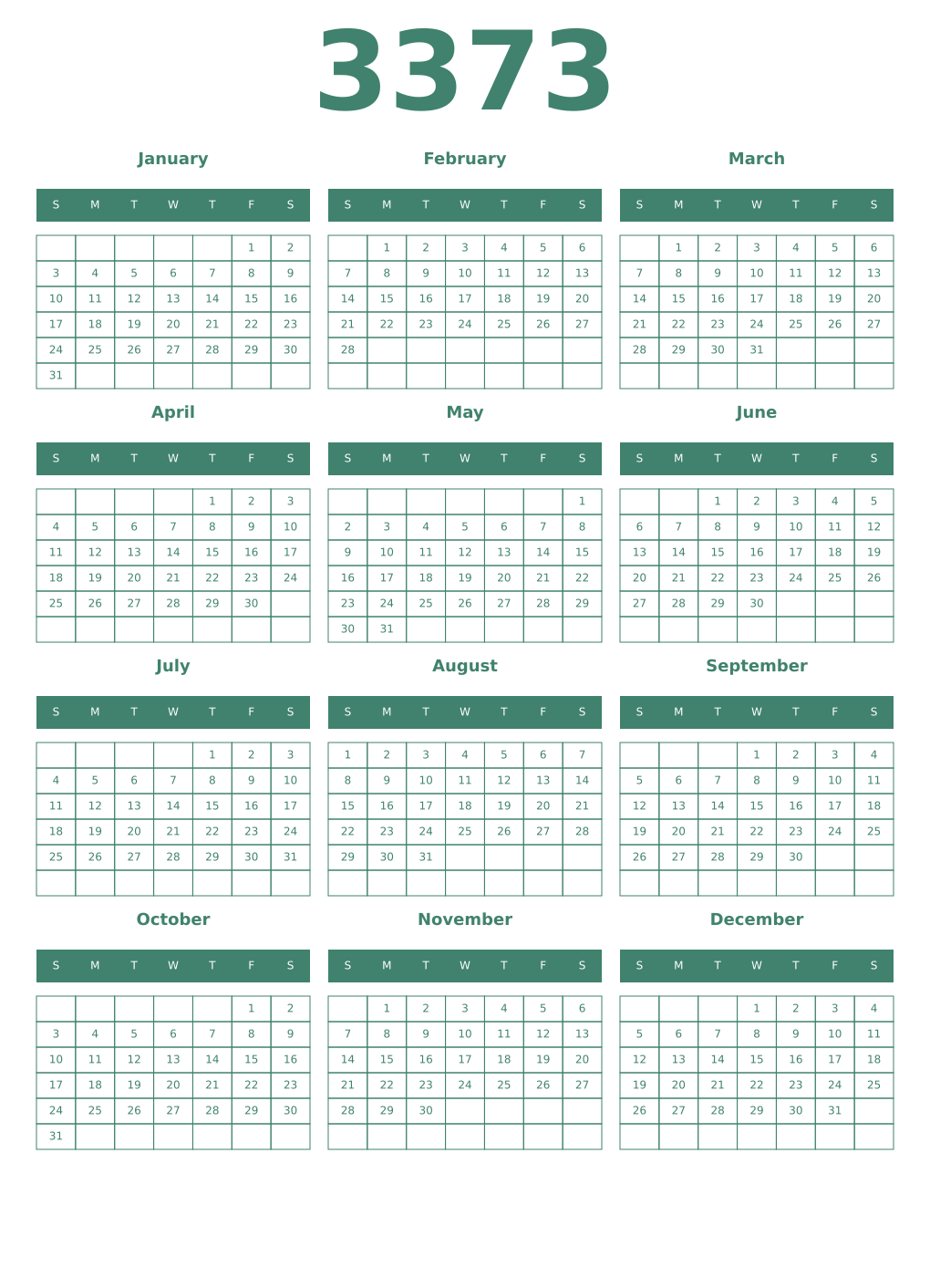 Printable 3373 Year Calendars viridian
