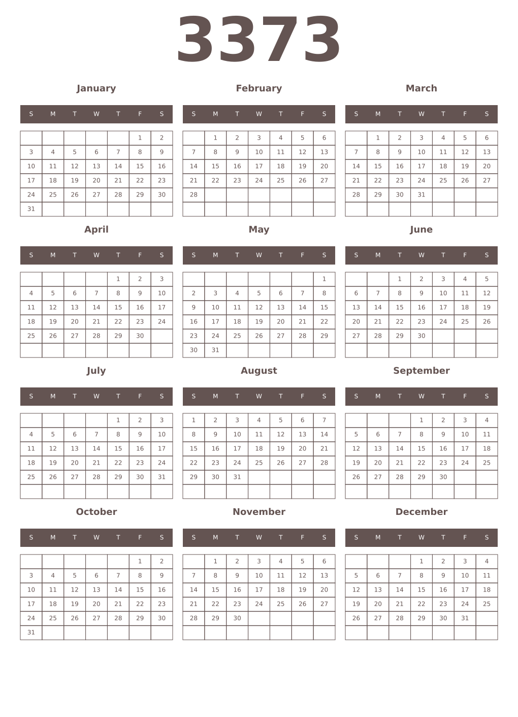 Printable 3373 Year Calendars wenge