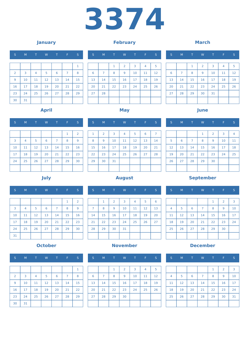 Printable 3374 Year Calendars blue