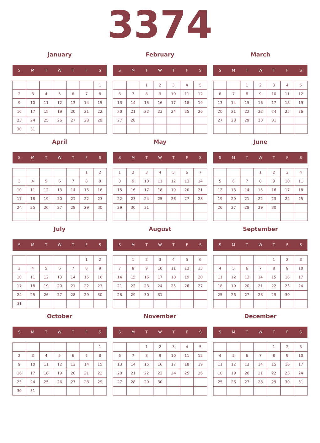 Printable 3374 Year Calendars cordovan