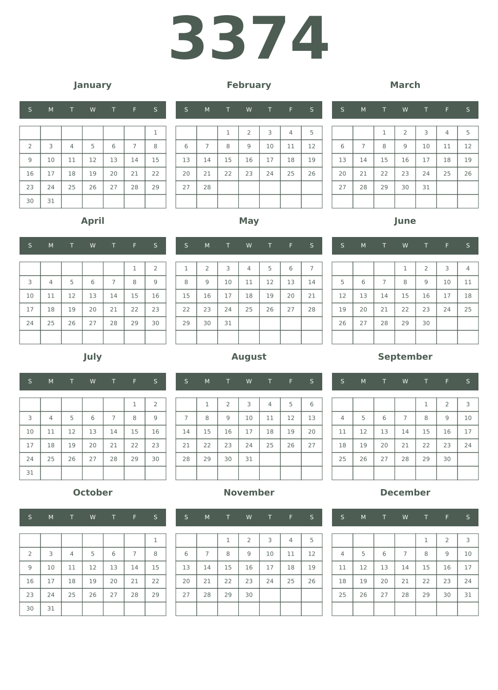Printable 3374 Year Calendars feldgrau
