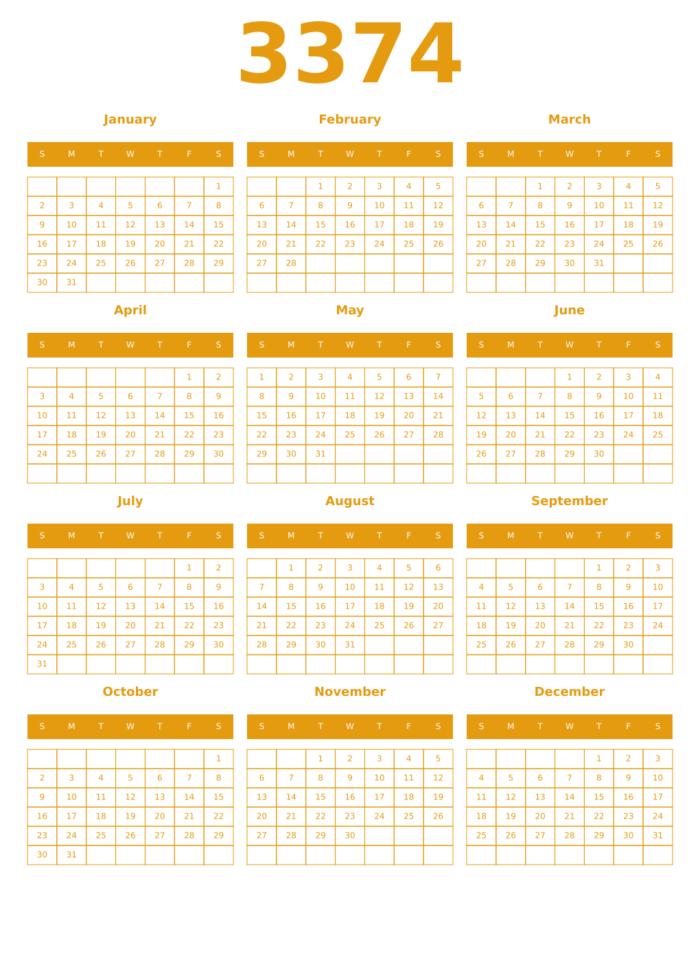 Printable 3374 Year Calendars gamboge