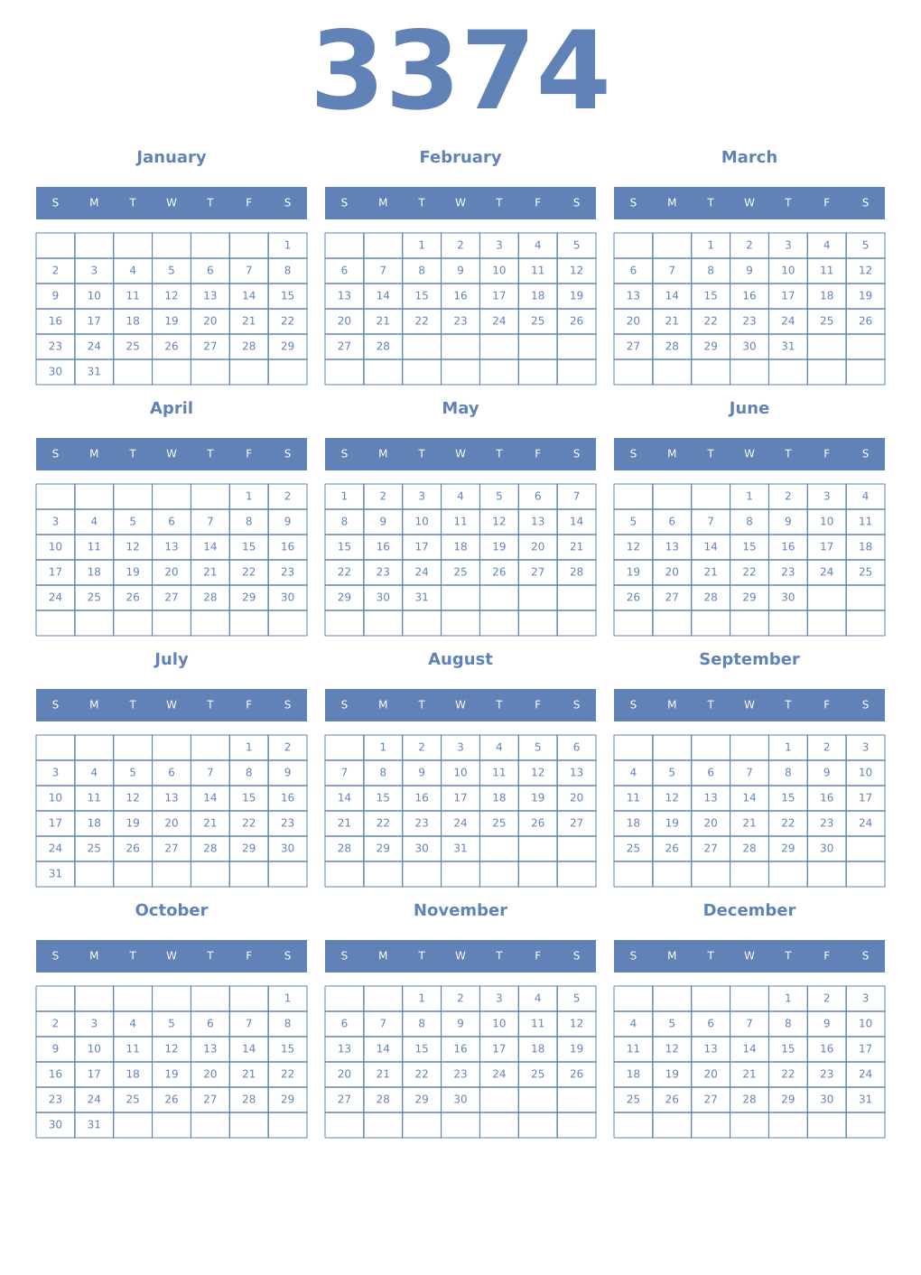 Printable 3374 Year Calendars glaucous
