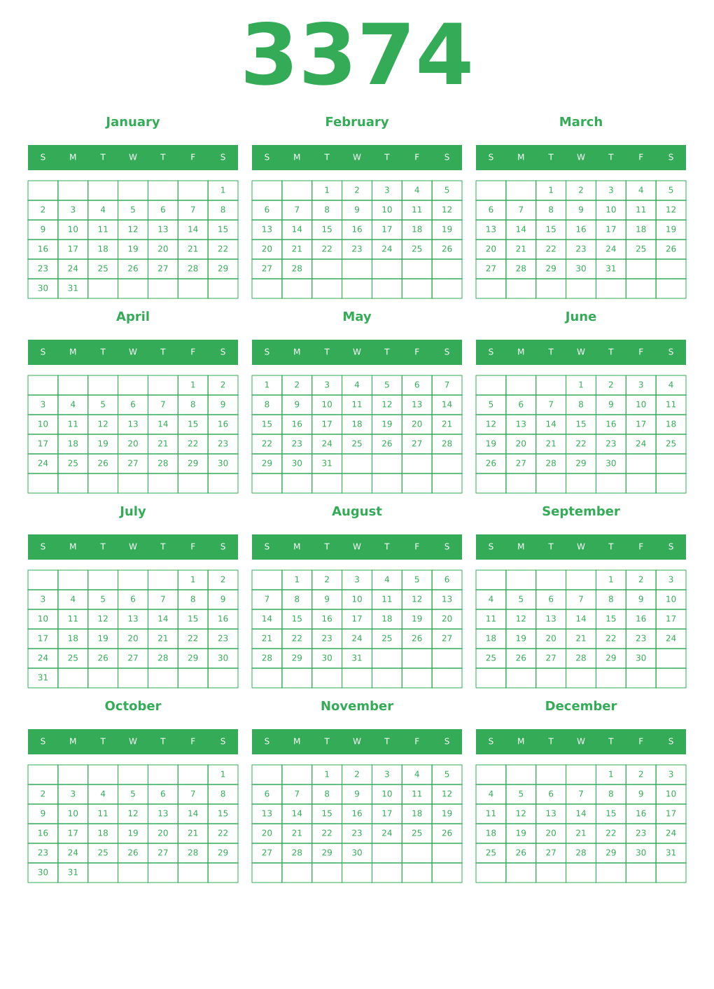Printable 3374 Year Calendars green