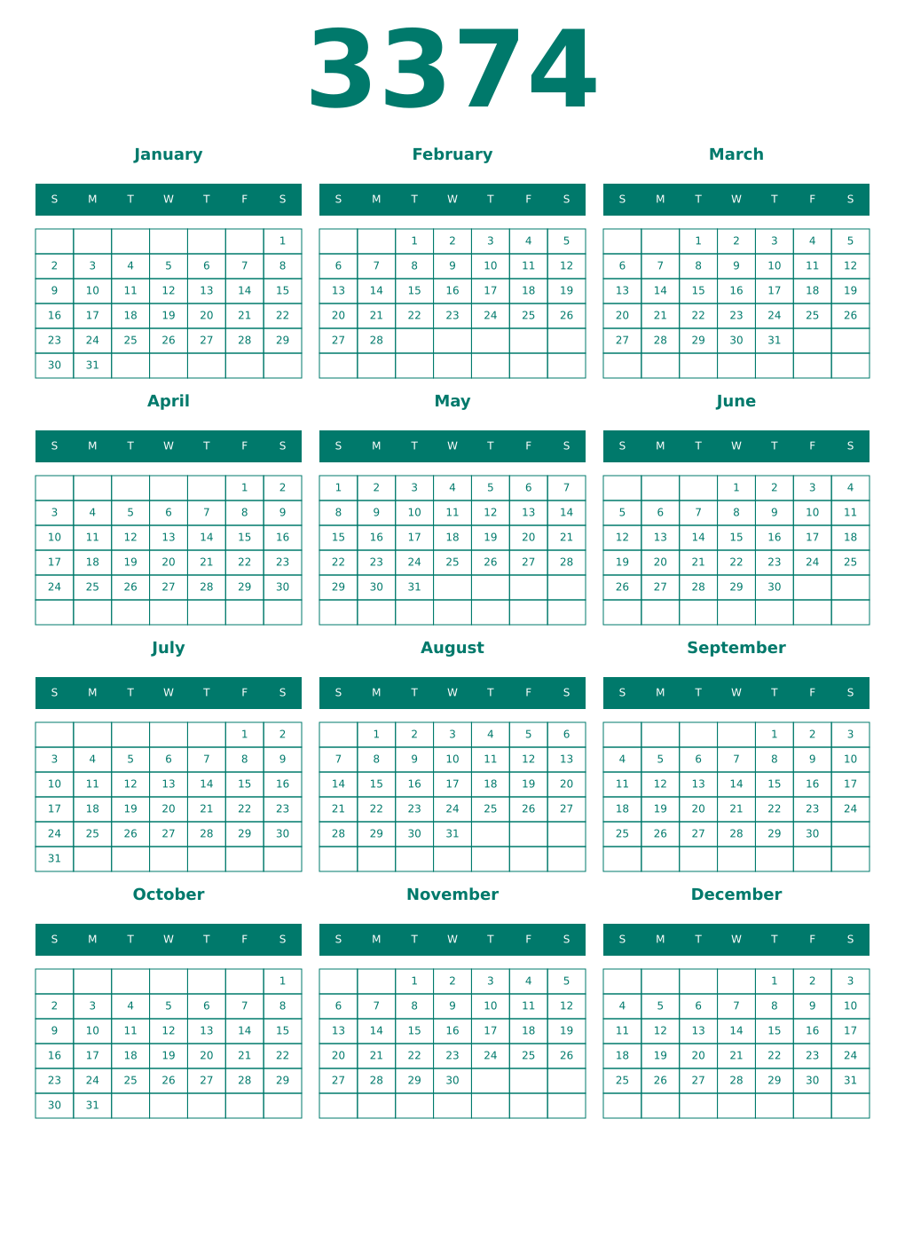 Printable 3374 Year Calendars pastel