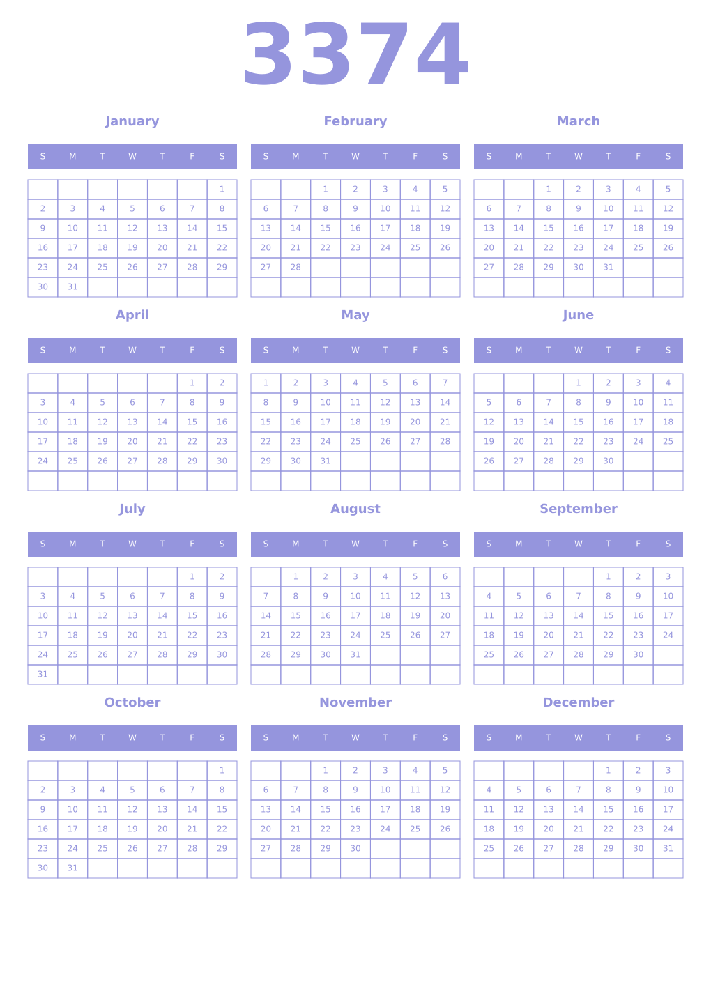 Printable 3374 Year Calendars periwinkle