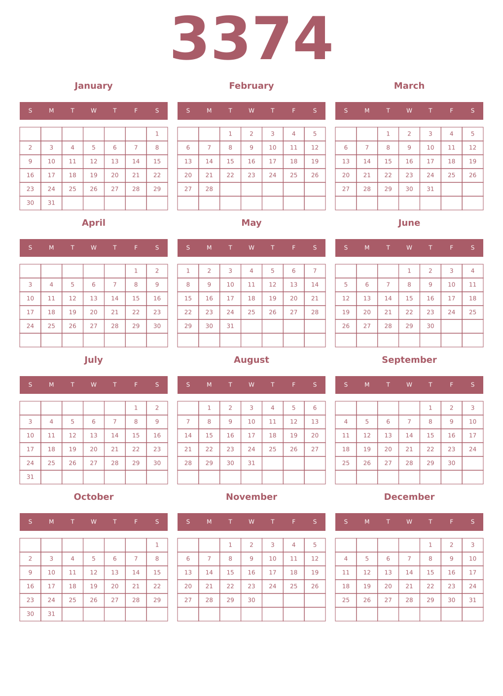 Printable 3374 Year Calendars puce