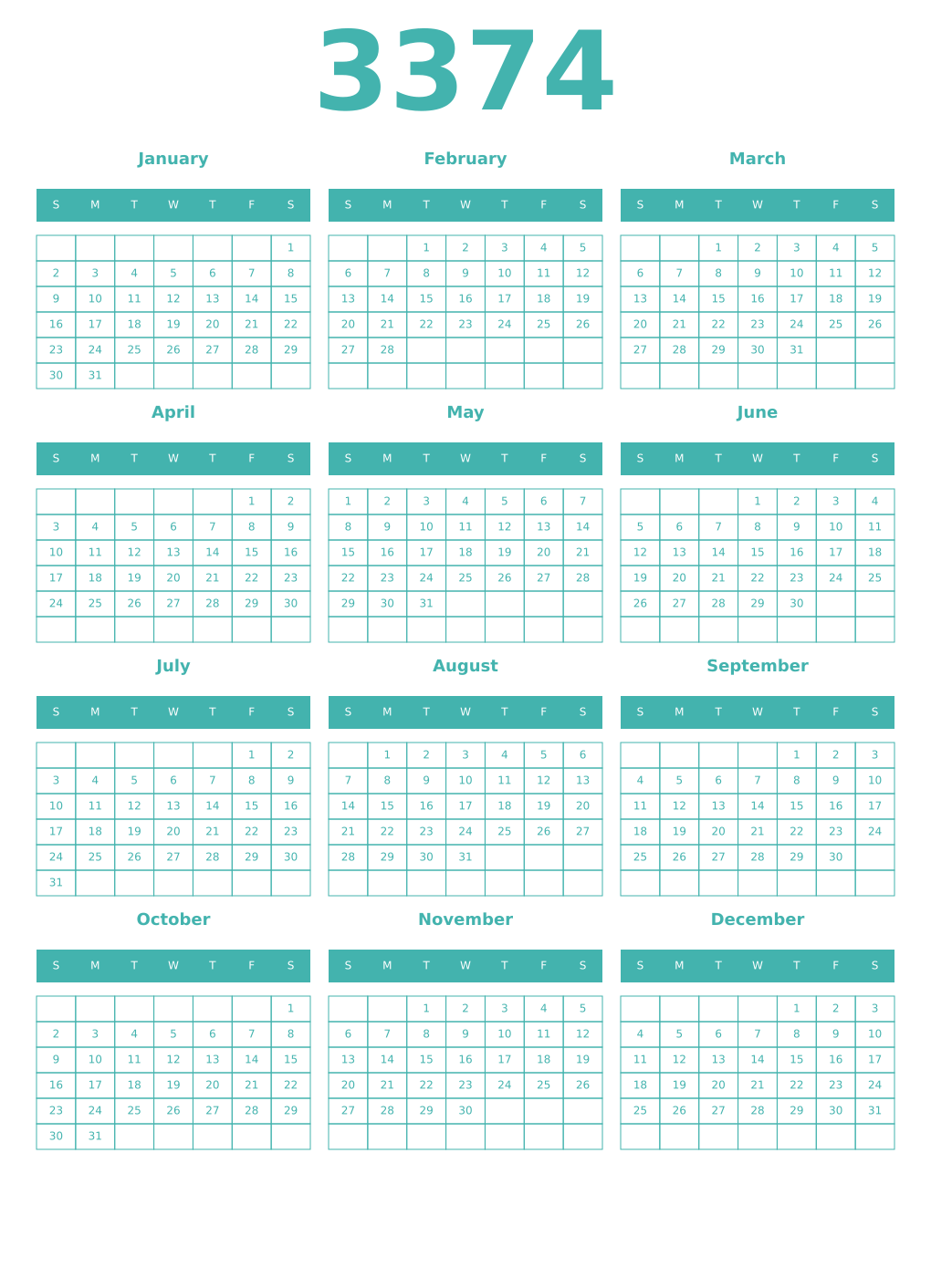 Printable 3374 Year Calendars verdigris