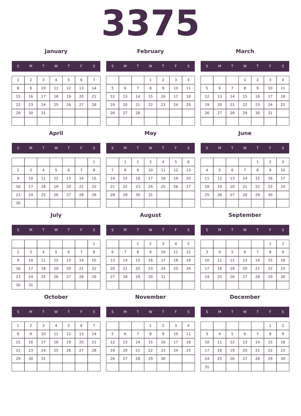 Printable 3375 Year Calendars aubergine