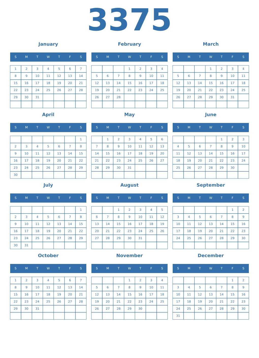 Printable 3375 Year Calendars blue