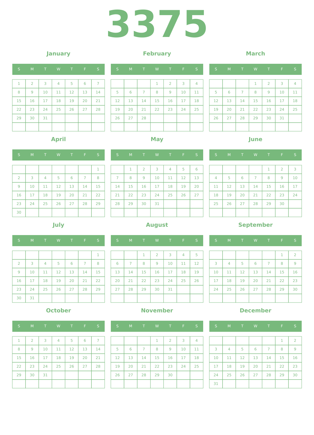 Printable 3375 Year Calendars celadon