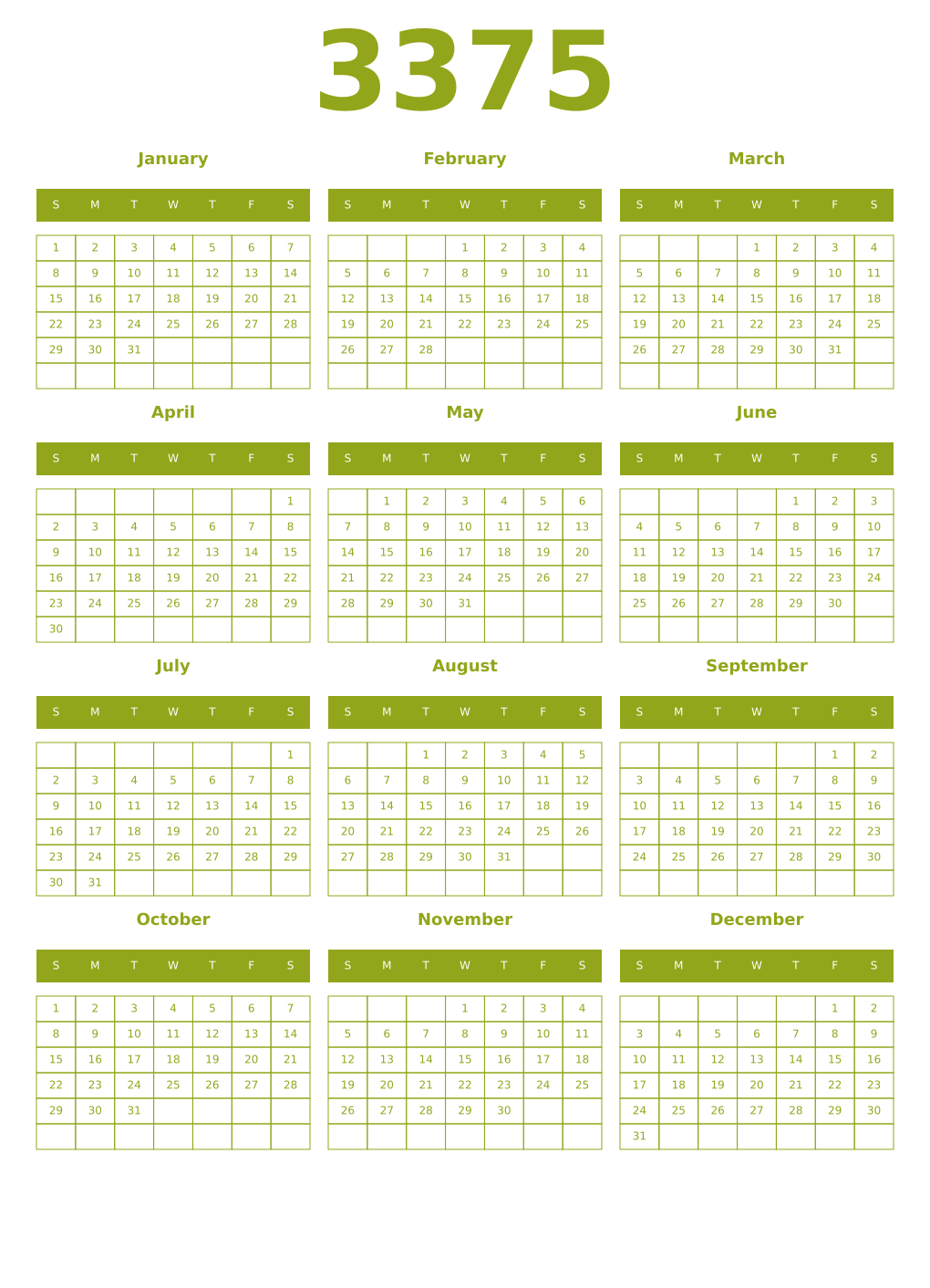 Printable 3375 Year Calendars chartreuse