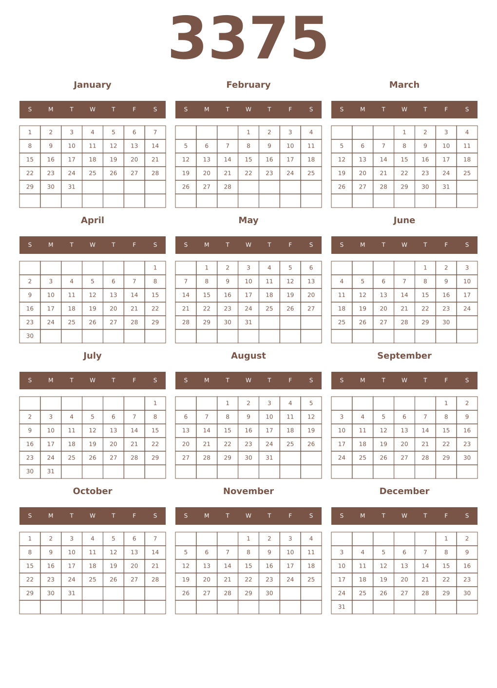 Printable 3375 Year Calendars coffe