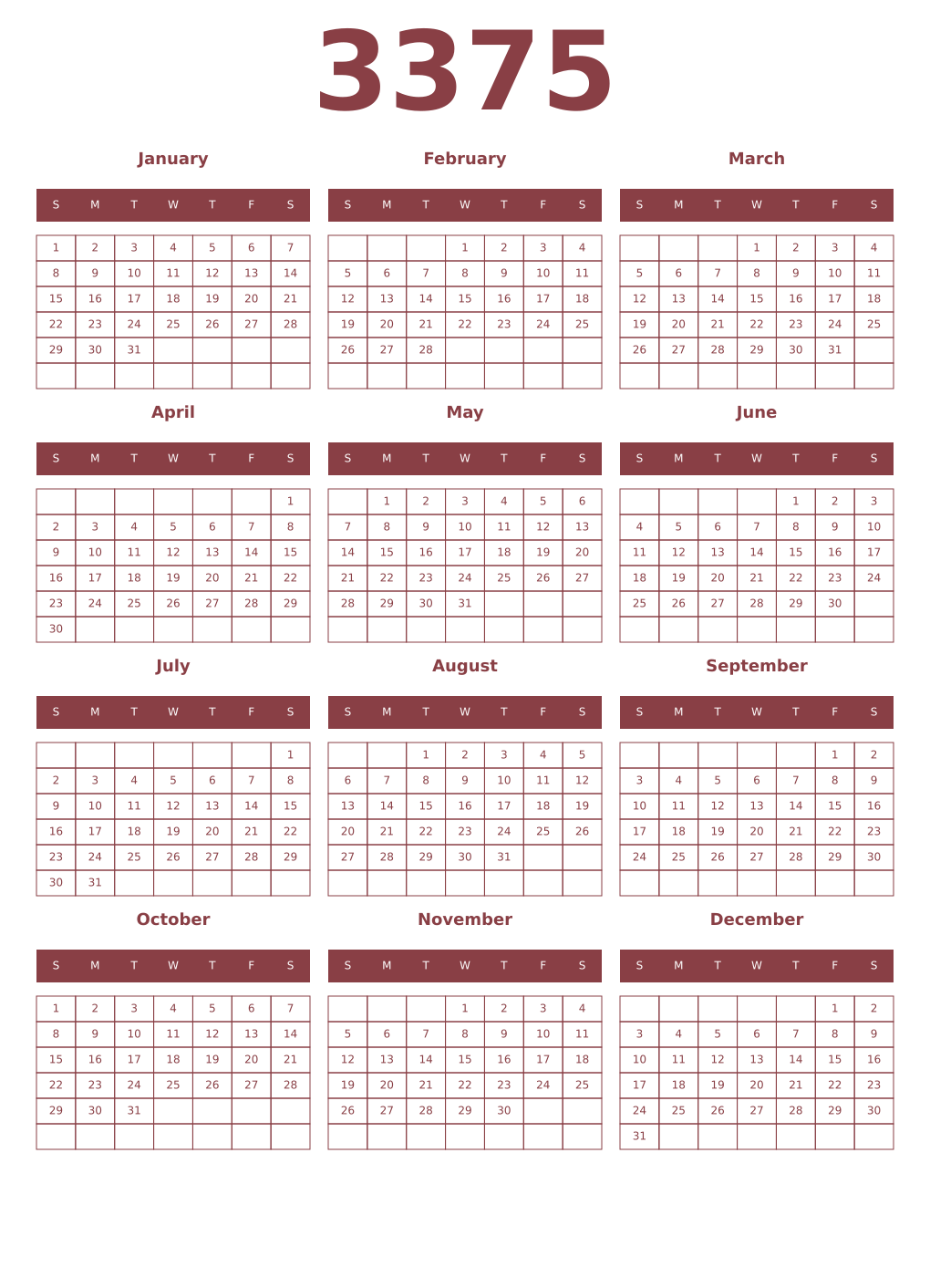Printable 3375 Year Calendars cordovan
