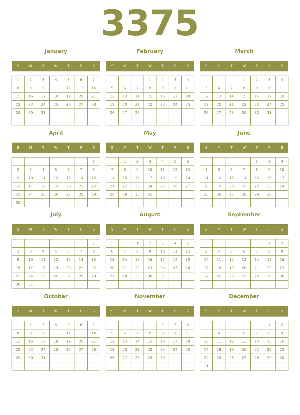 Printable 3375 Year Calendars eburnean
