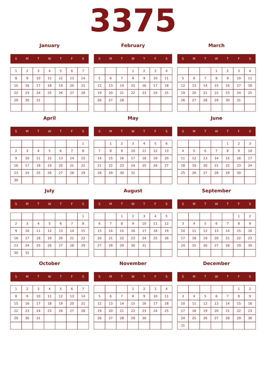 Printable 3375 Year Calendars falu