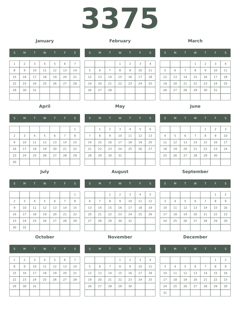 Printable 3375 Year Calendars feldgrau