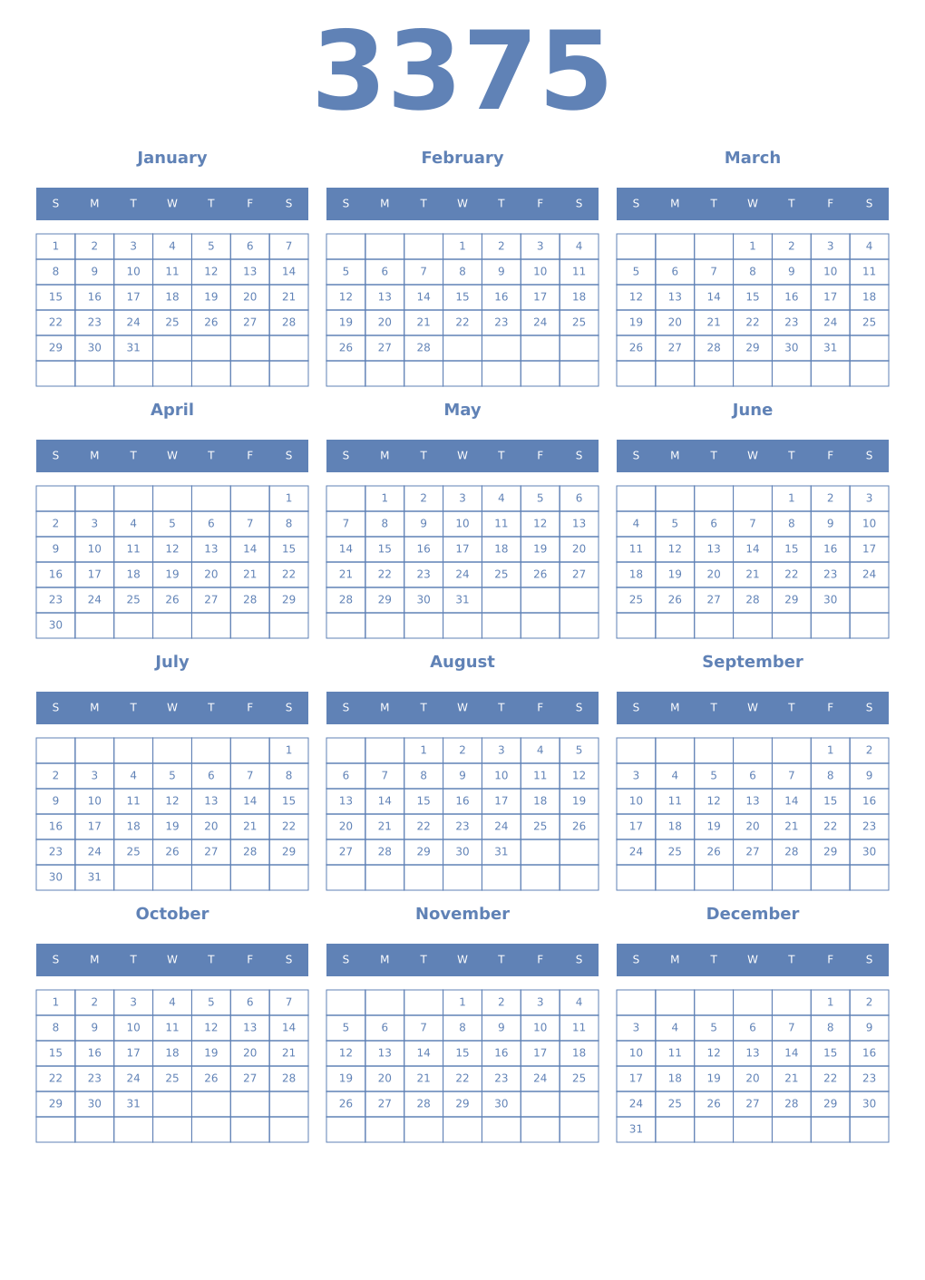 Printable 3375 Year Calendars glaucous
