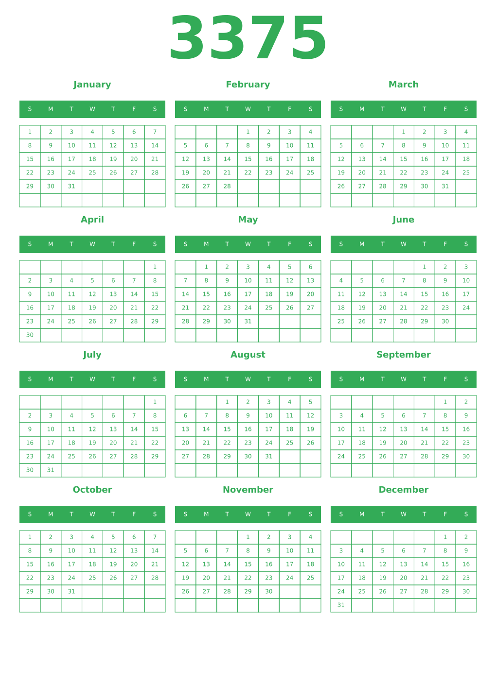 Printable 3375 Year Calendars green