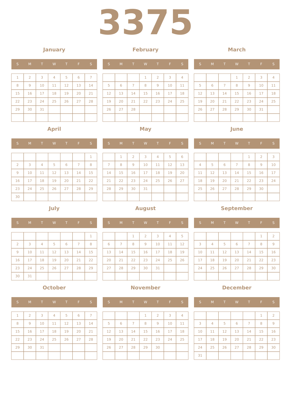 Printable 3375 Year Calendars isabelline