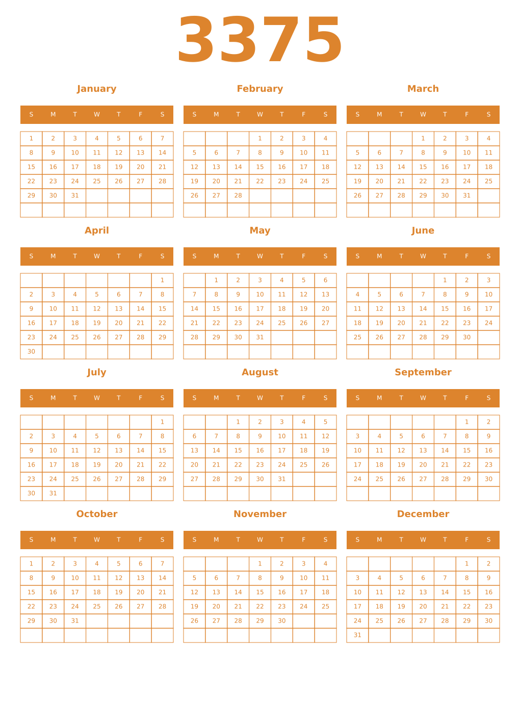 Printable 3375 Year Calendars orange