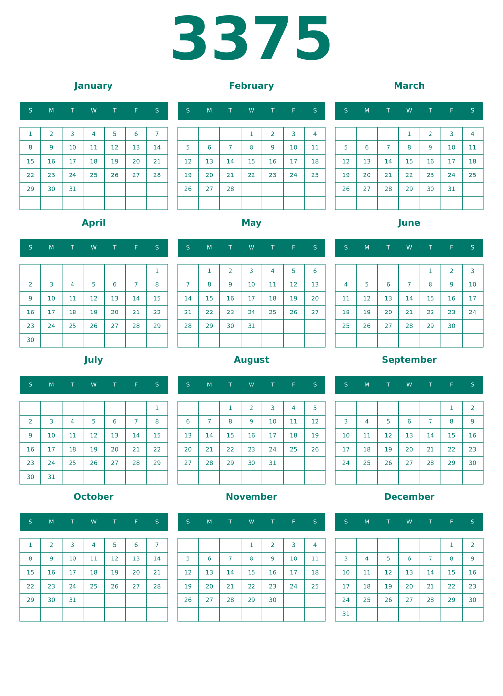 Printable 3375 Year Calendars pastel