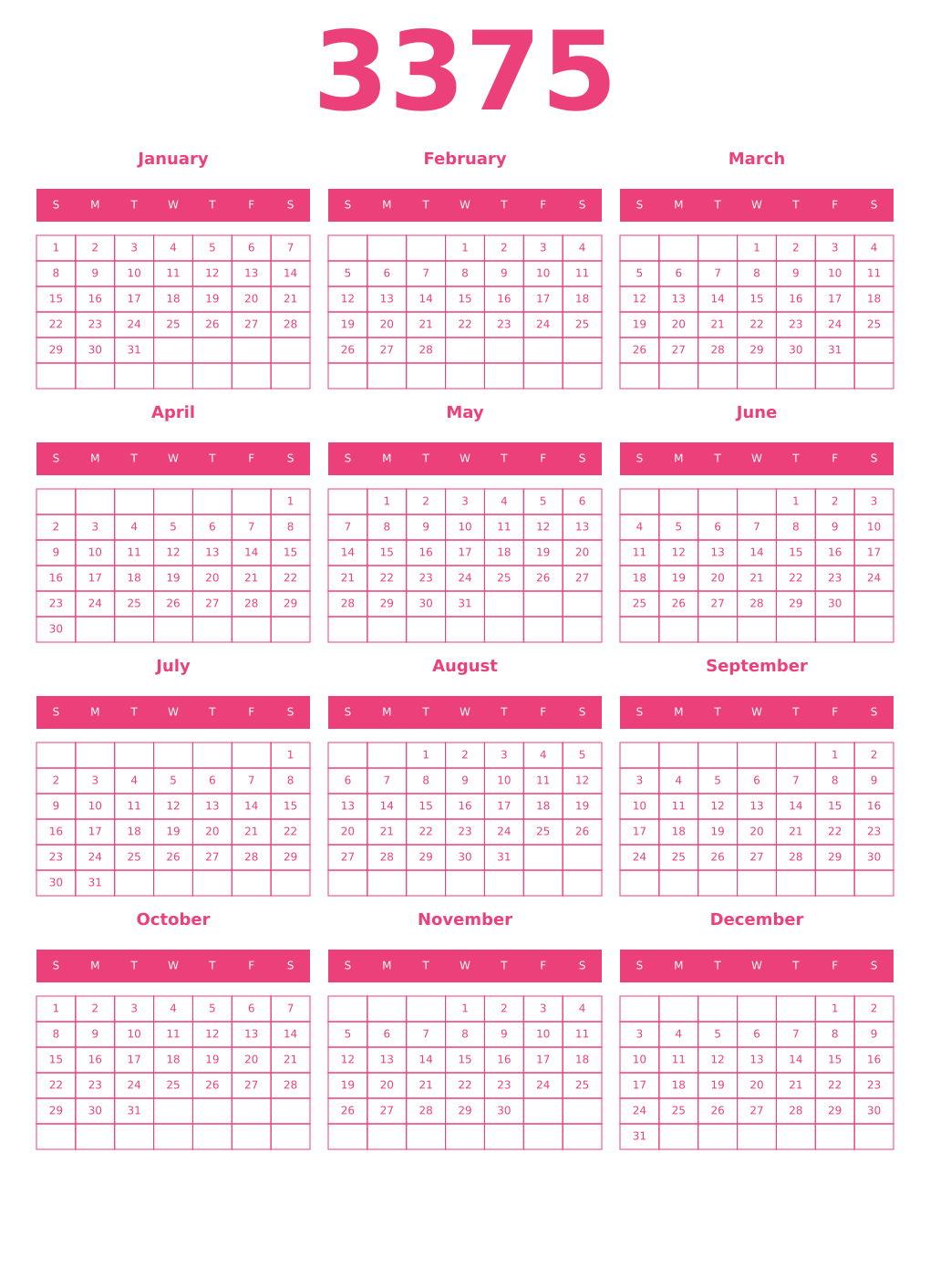 Printable 3375 Year Calendars pink