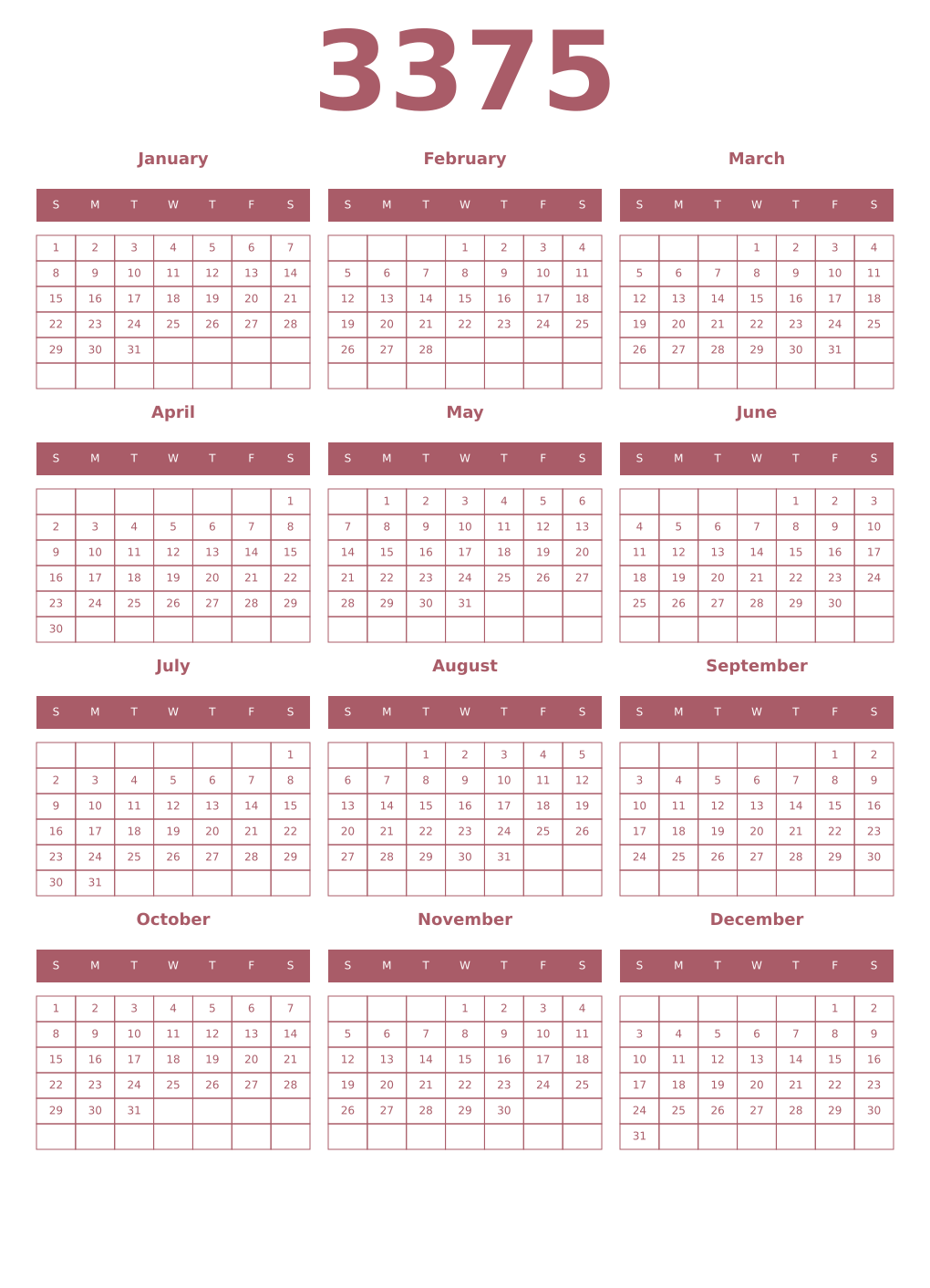 Printable 3375 Year Calendars puce
