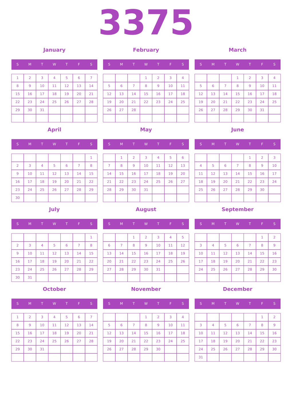 Printable 3375 Year Calendars purple