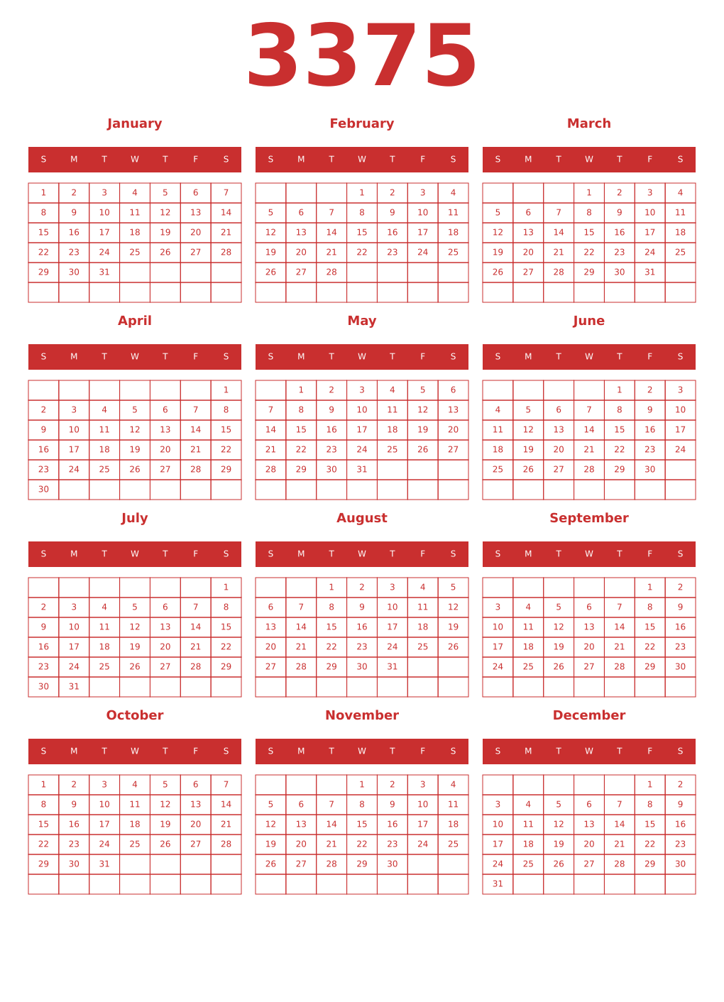 Printable 3375 Year Calendars red