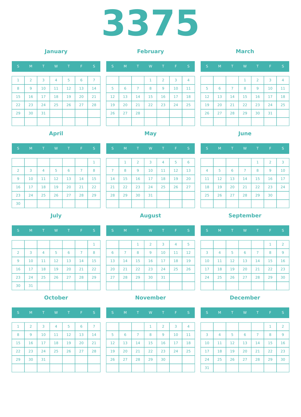 Printable 3375 Year Calendars verdigris