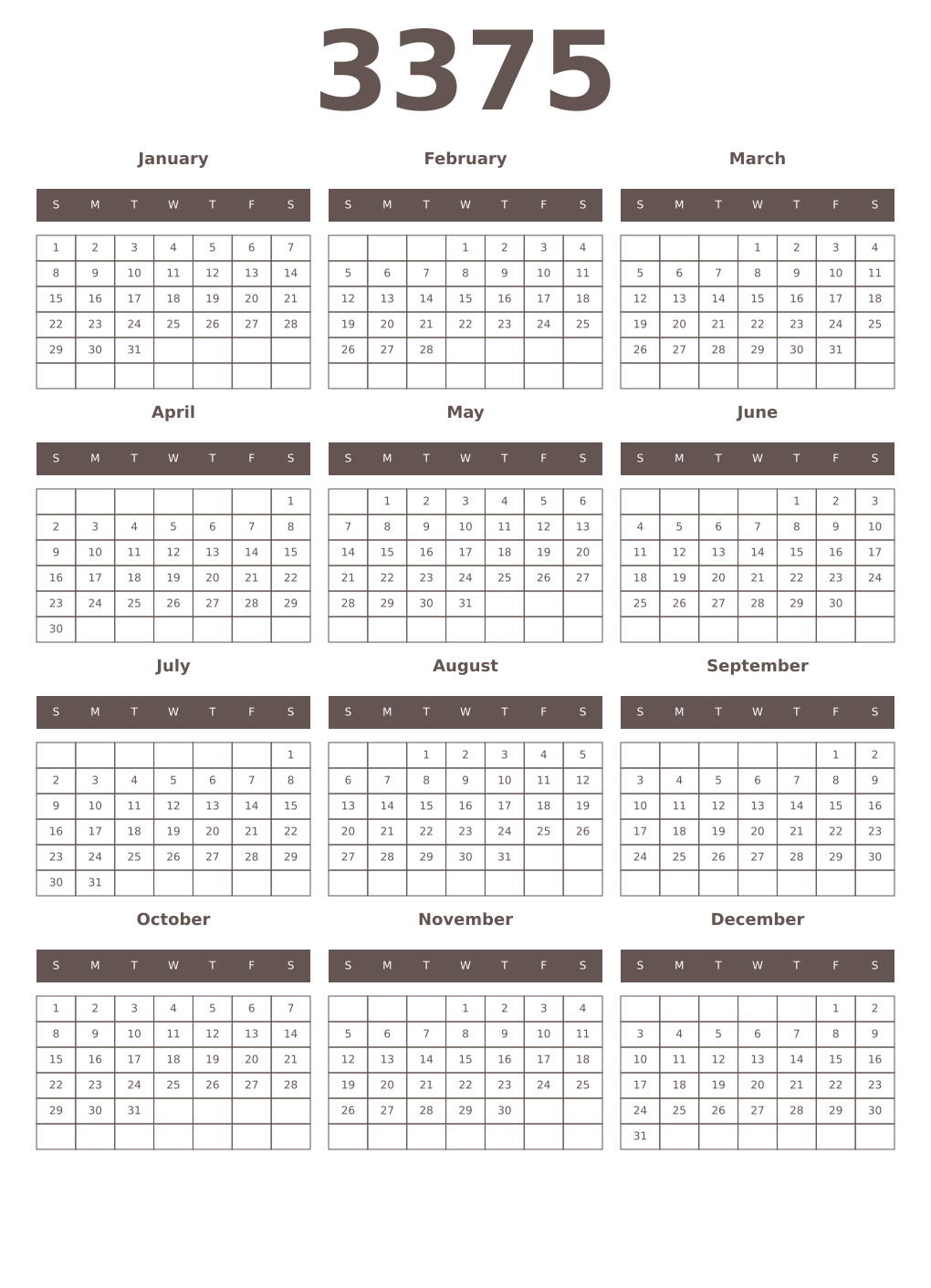Printable 3375 Year Calendars wenge