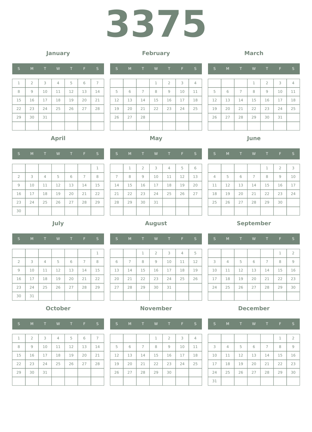 Printable 3375 Year Calendars xanadu