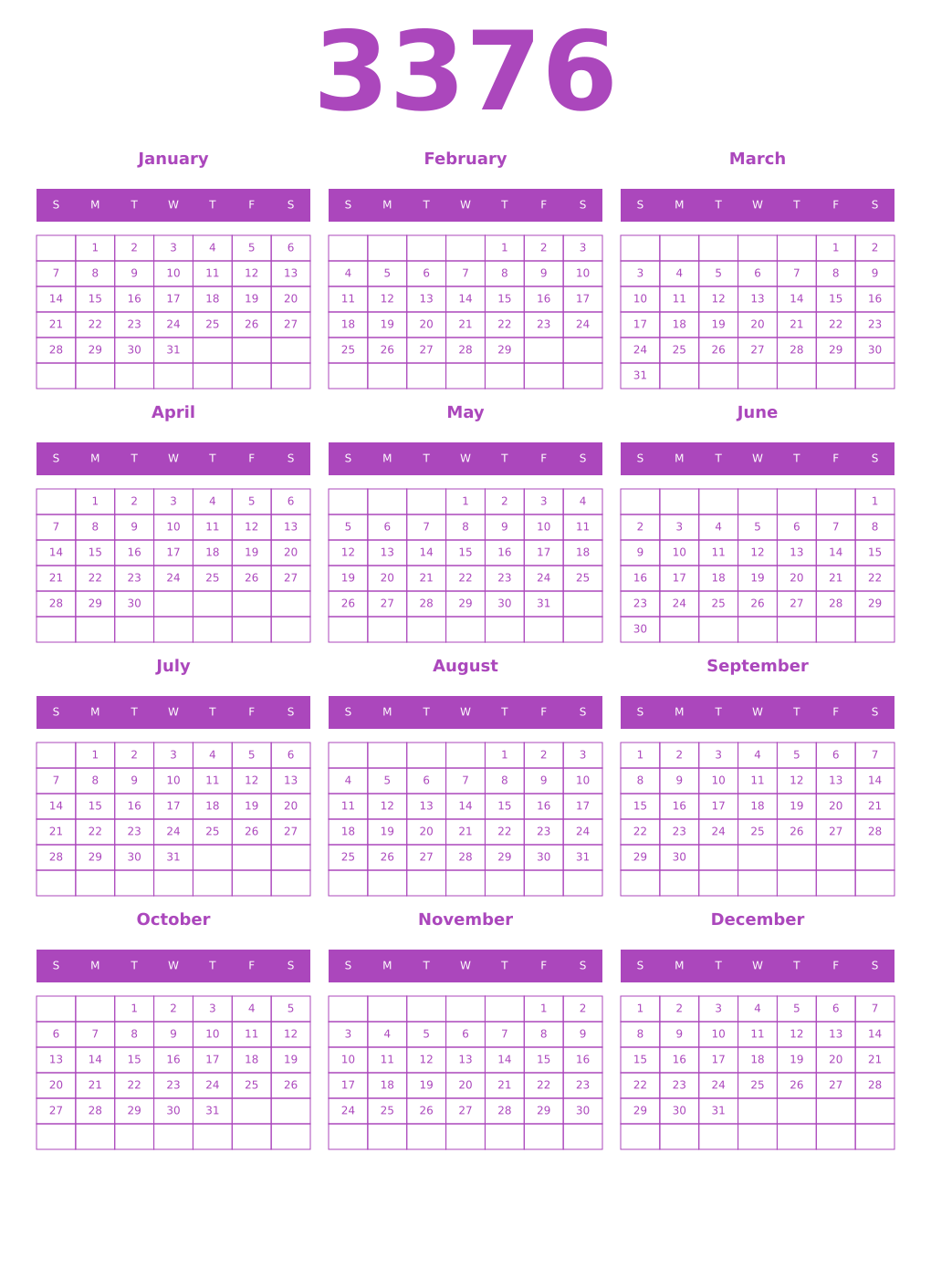 Printable 3376 Calendars