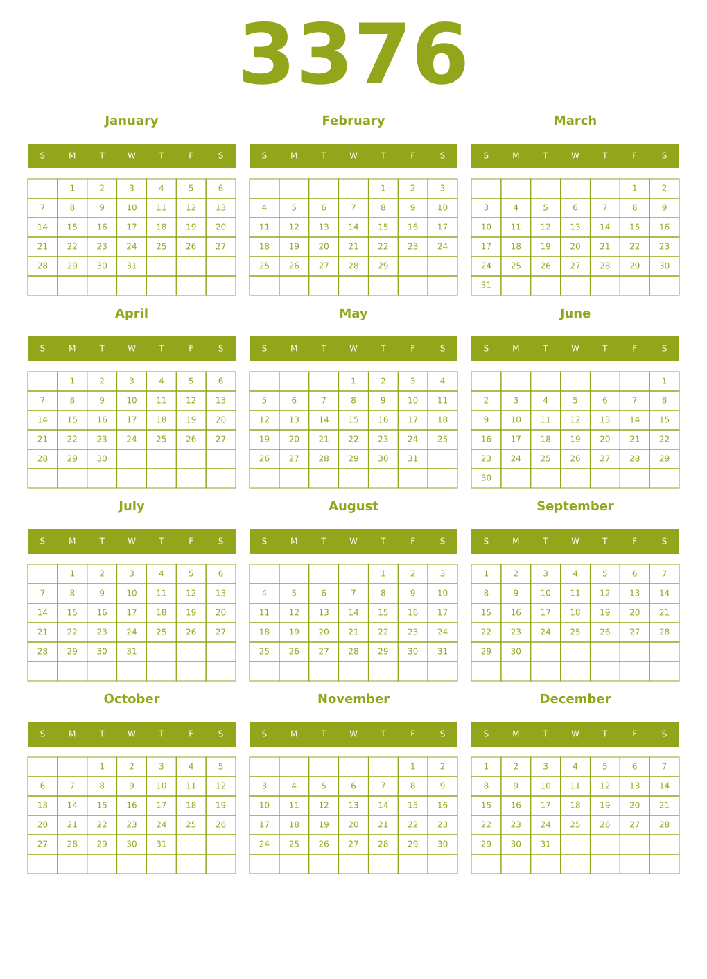 Printable 3376 Year Calendars chartreuse