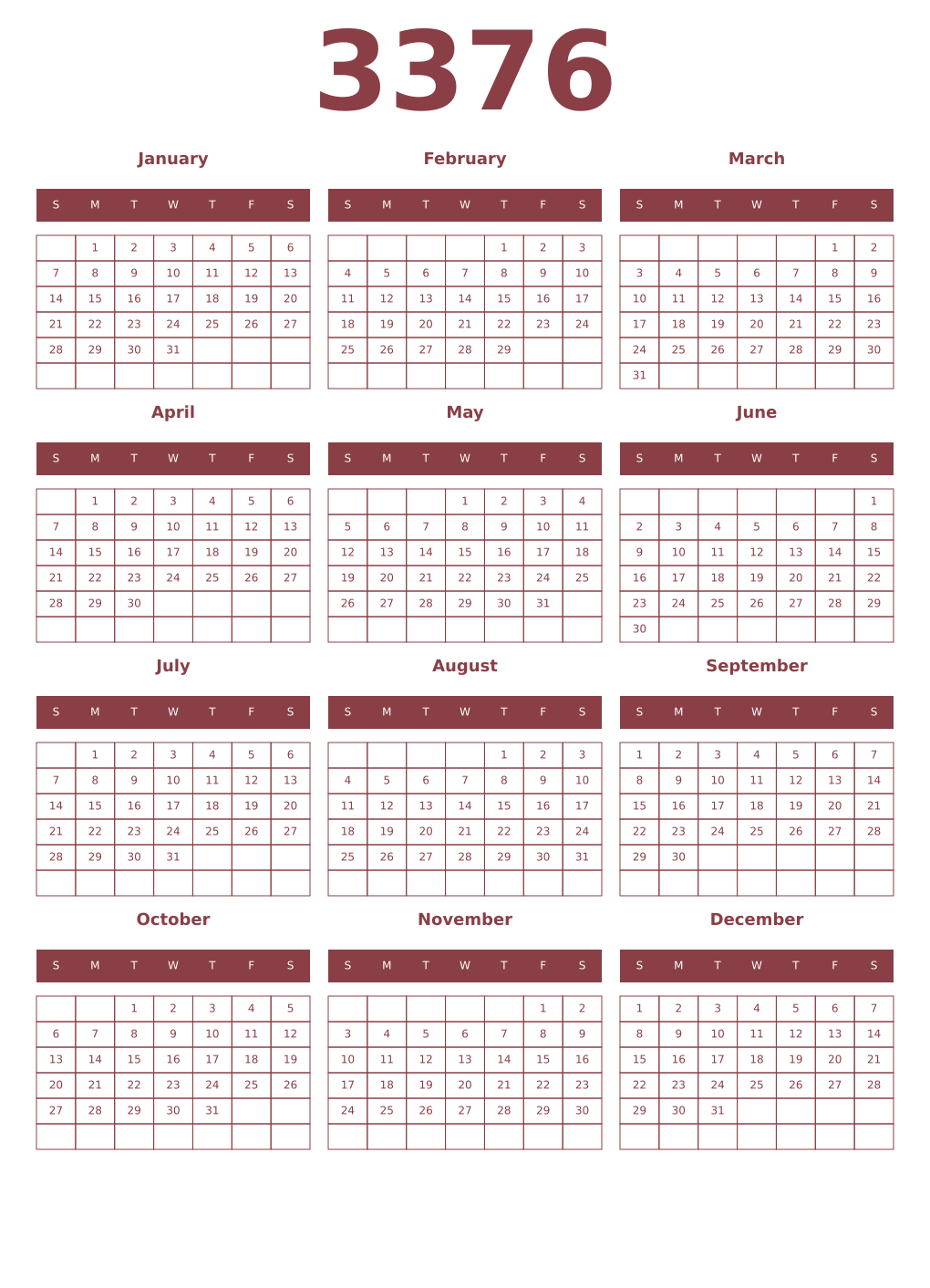 Printable 3376 Year Calendars cordovan