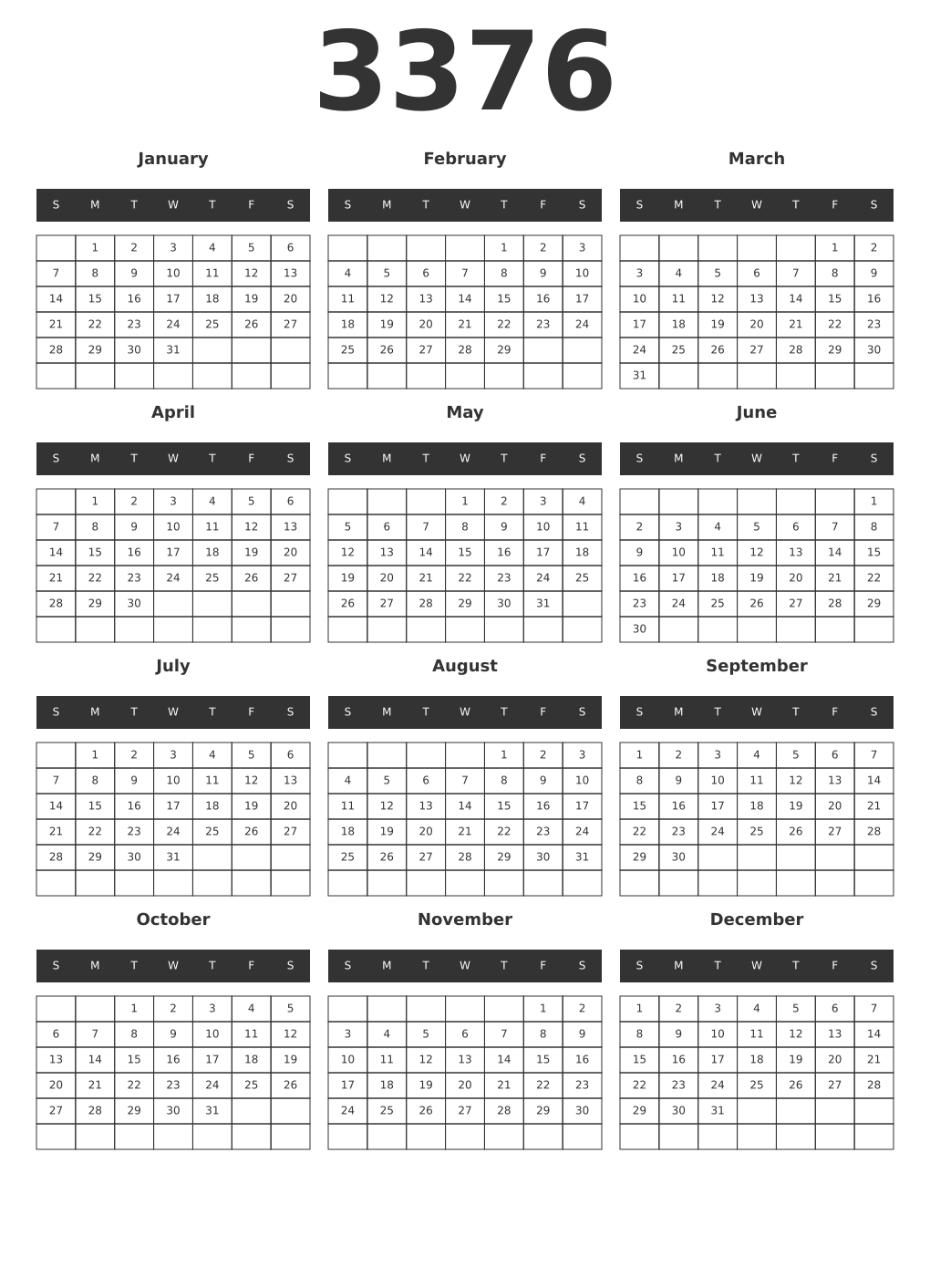 Printable 3376 Year Calendars dark