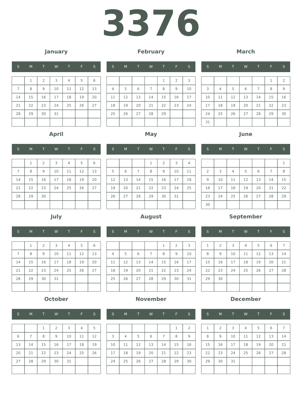 Printable 3376 Year Calendars feldgrau