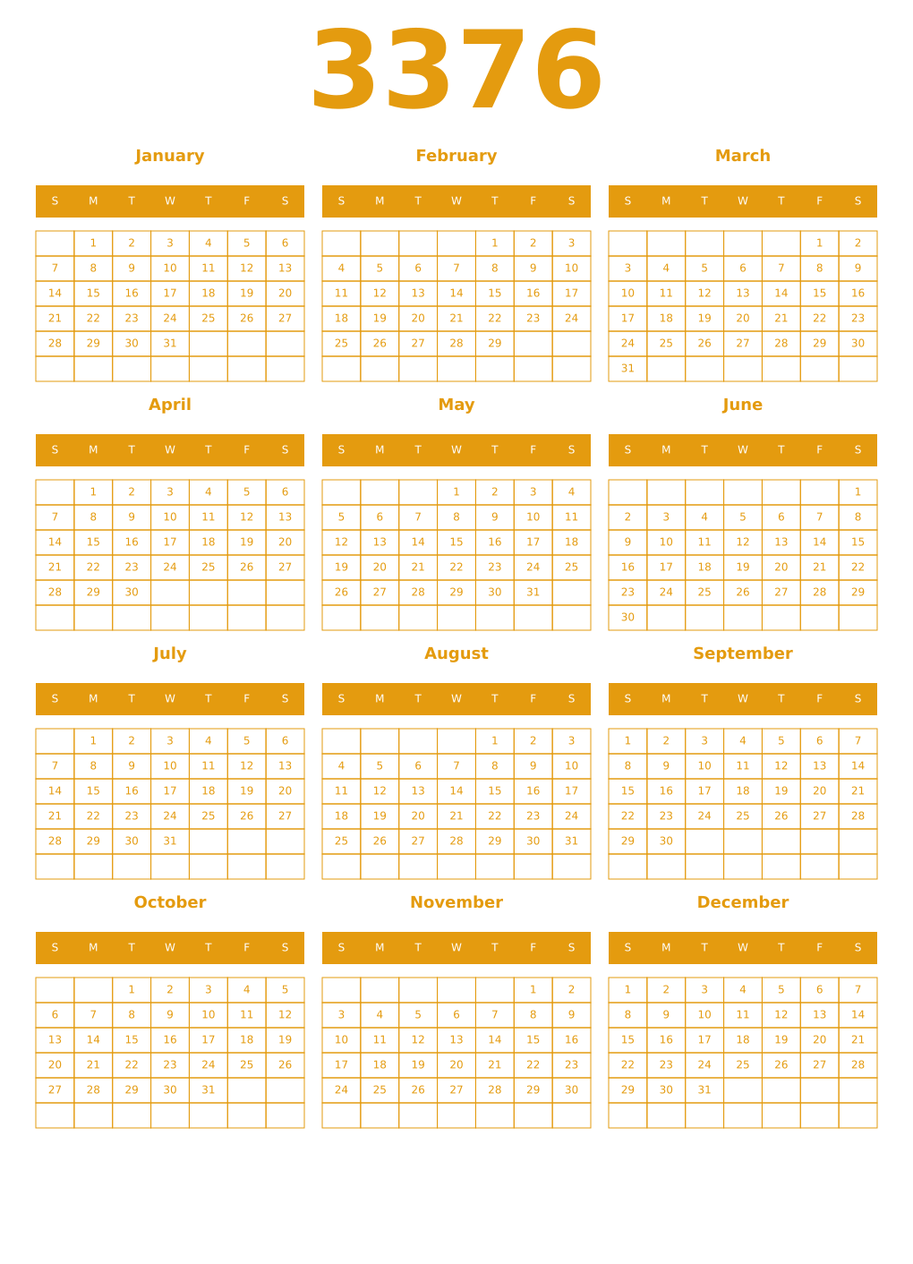 Printable 3376 Year Calendars gamboge