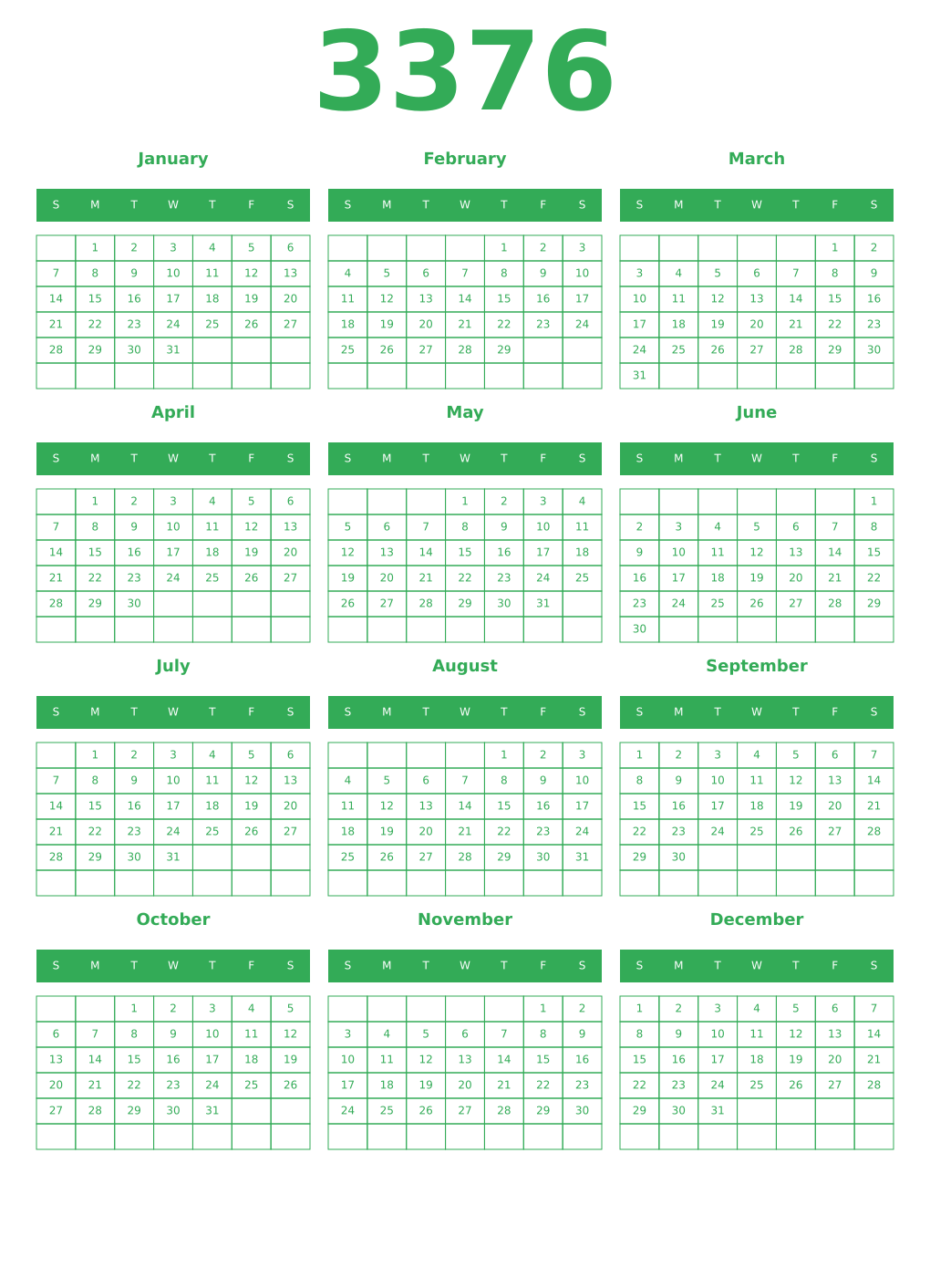 Printable 3376 Year Calendars green