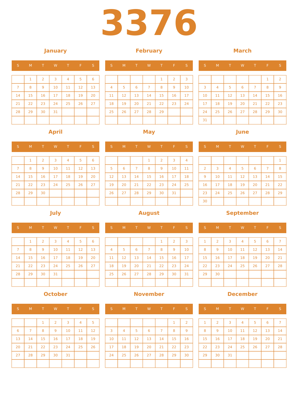 Printable 3376 Year Calendars orange