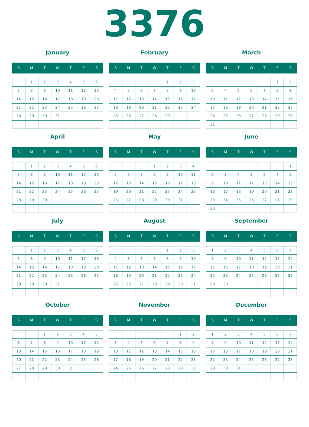 Printable 3376 Year Calendars pastel