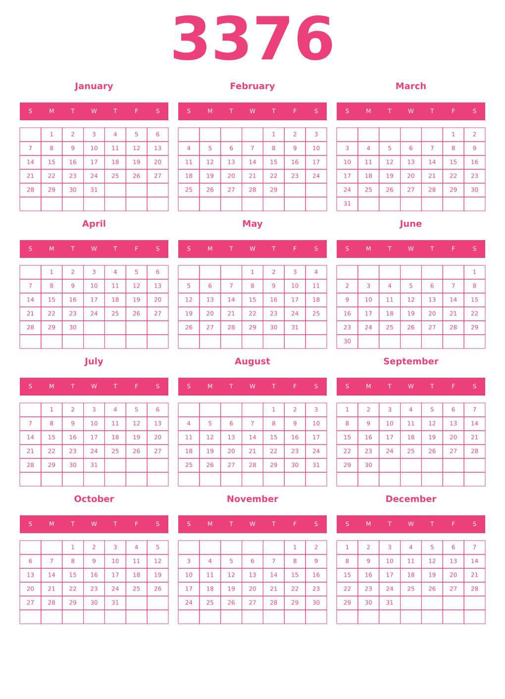 Printable 3376 Year Calendars pink