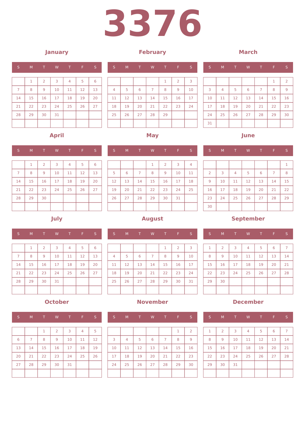 Printable 3376 Year Calendars puce